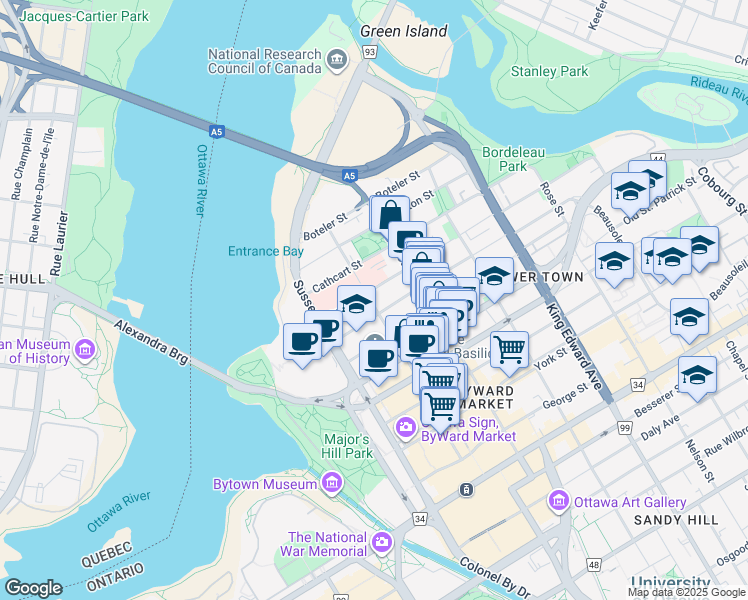 map of restaurants, bars, coffee shops, grocery stores, and more near 58 Bruyère Street in Ottawa