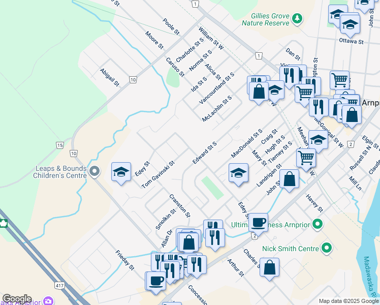 map of restaurants, bars, coffee shops, grocery stores, and more near 198 Edey Street in Arnprior