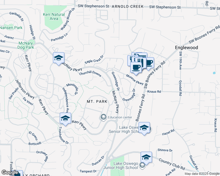 map of restaurants, bars, coffee shops, grocery stores, and more near 2 Churchill Downs in Lake Oswego