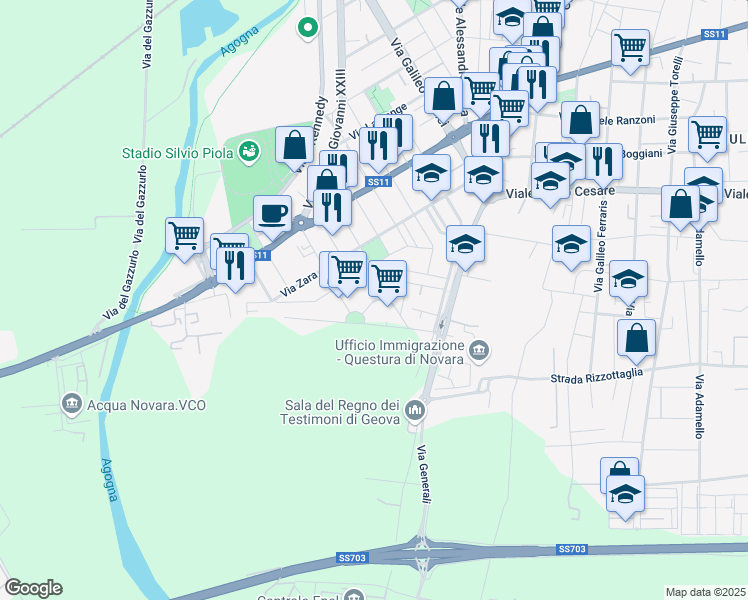 map of restaurants, bars, coffee shops, grocery stores, and more near 25 Via Pola in Novara
