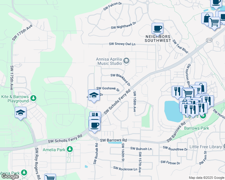 map of restaurants, bars, coffee shops, grocery stores, and more near 16130 Southwest Goshawk Street in Beaverton