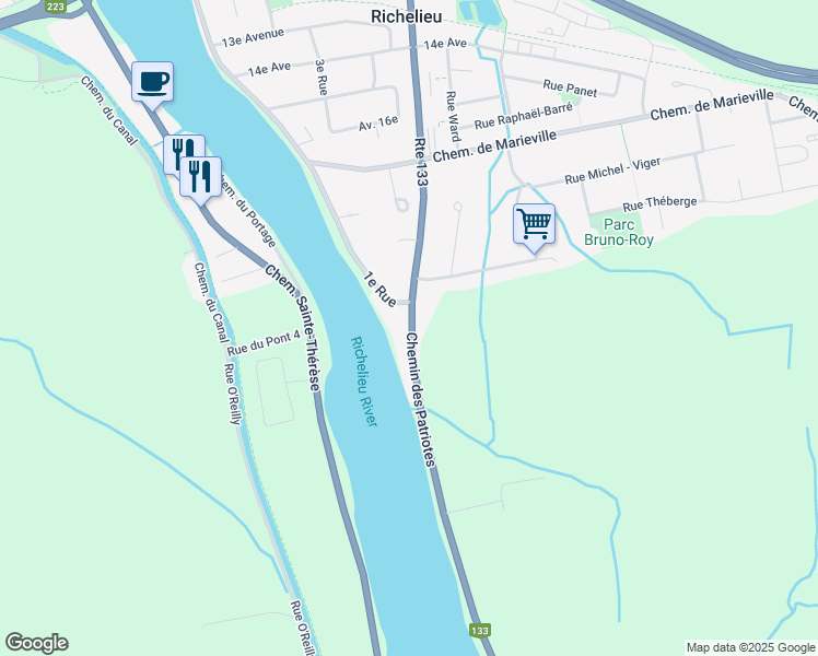 map of restaurants, bars, coffee shops, grocery stores, and more near 2079 Chemin des Patriotes in Richelieu