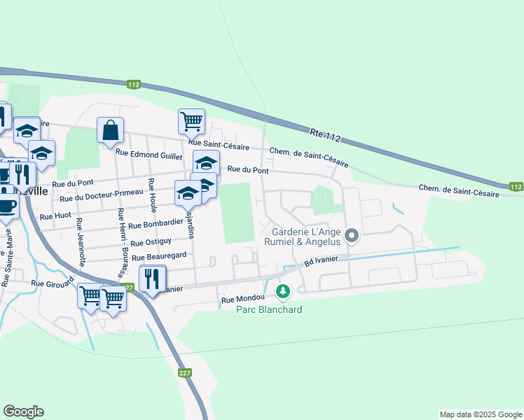 map of restaurants, bars, coffee shops, grocery stores, and more near 2120 Rue des Roseaux in Marieville, Quebec