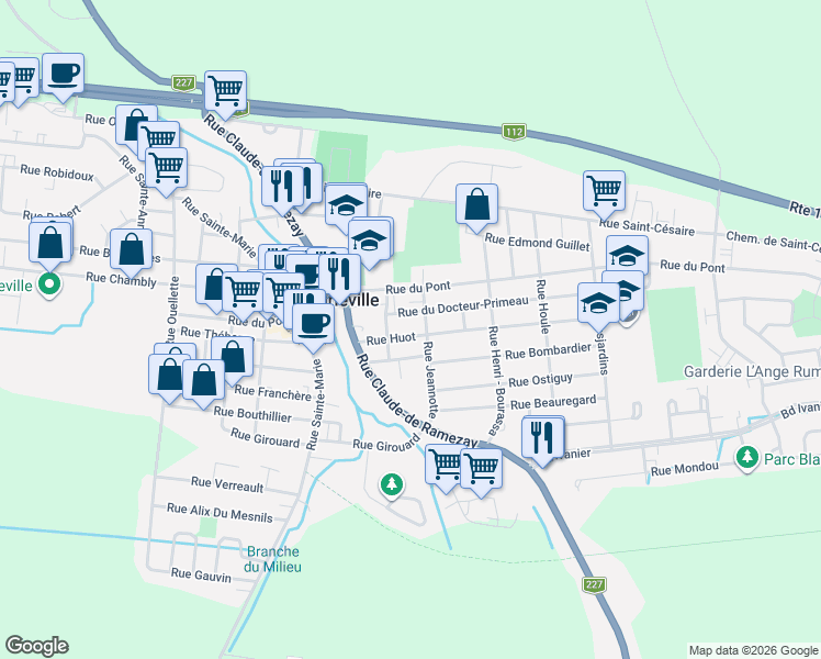 map of restaurants, bars, coffee shops, grocery stores, and more near 1981 Rue Huot in Marieville