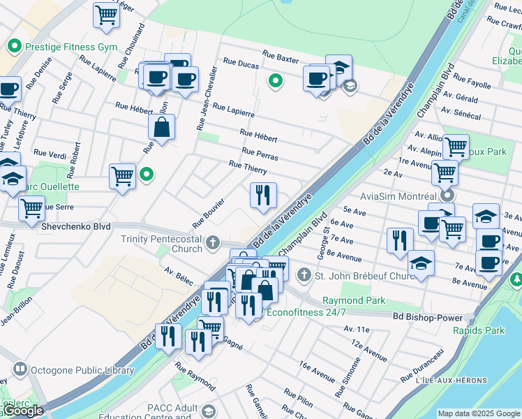 map of restaurants, bars, coffee shops, grocery stores, and more near 1030 Rue Melatti in Montréal