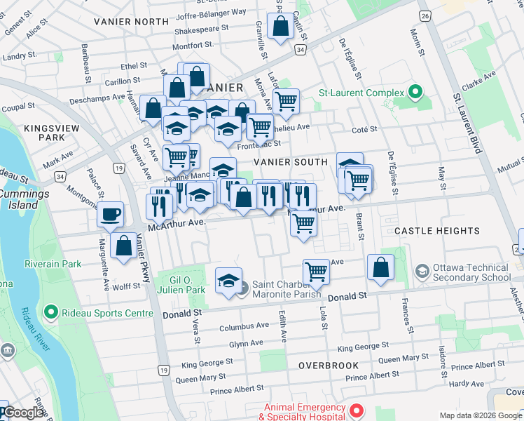 map of restaurants, bars, coffee shops, grocery stores, and more near in Ottawa