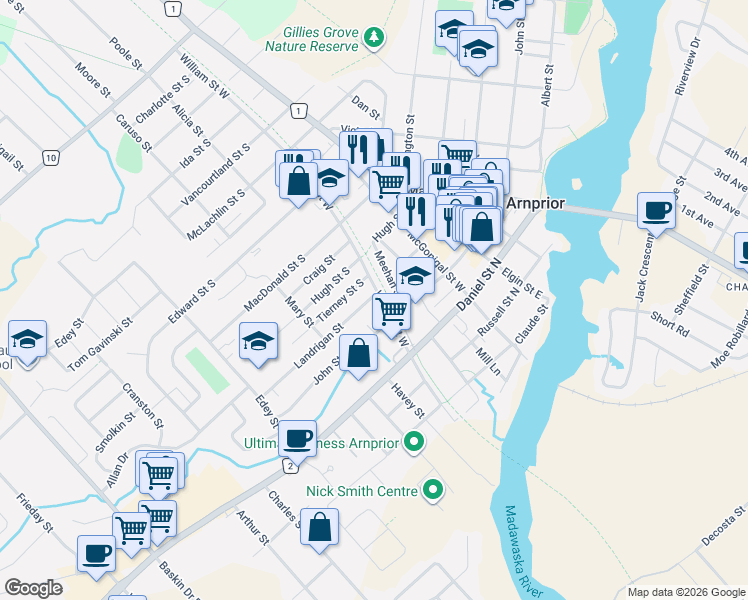map of restaurants, bars, coffee shops, grocery stores, and more near in Arnprior