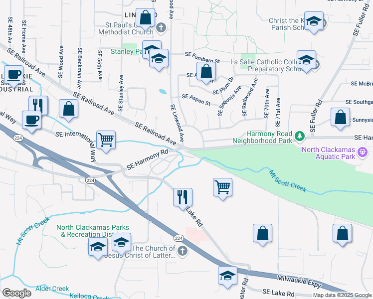 map of restaurants, bars, coffee shops, grocery stores, and more near 40 Southeast Harmony Road in Milwaukie
