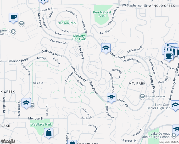 map of restaurants, bars, coffee shops, grocery stores, and more near 1 Jefferson Parkway in Lake Oswego