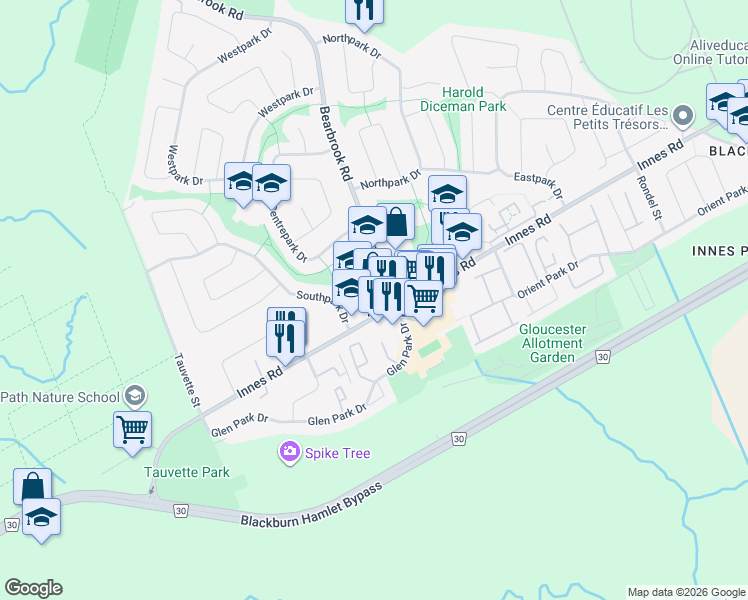 map of restaurants, bars, coffee shops, grocery stores, and more near 110 Bearbrook Road in Ottawa