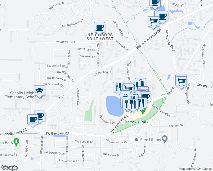 map of restaurants, bars, coffee shops, grocery stores, and more near 15405 Southwest Sparrow Loop in Beaverton