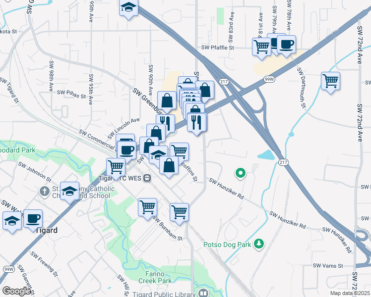 map of restaurants, bars, coffee shops, grocery stores, and more near 12060 Southwest Main Street in Tigard