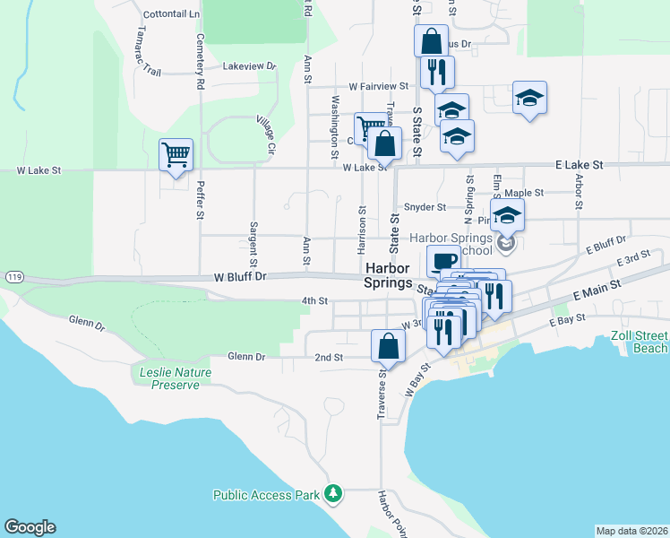 map of restaurants, bars, coffee shops, grocery stores, and more near 298 West Bluff Drive in Harbor Springs