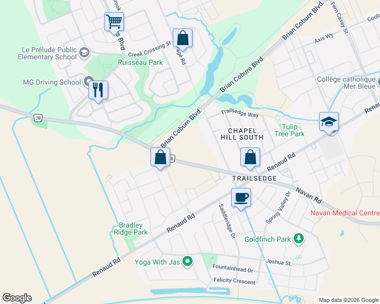 map of restaurants, bars, coffee shops, grocery stores, and more near 270 Paleo Heights in Ottawa