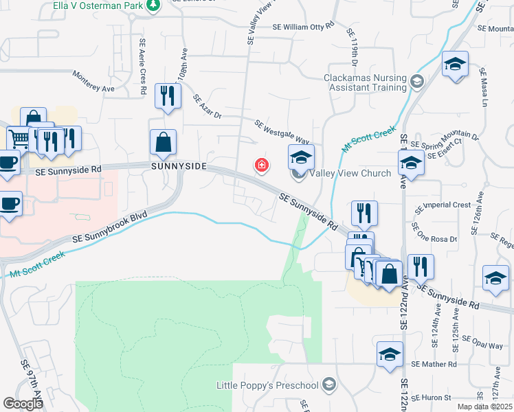 map of restaurants, bars, coffee shops, grocery stores, and more near 11480 Southeast Sunnyside Road in Clackamas