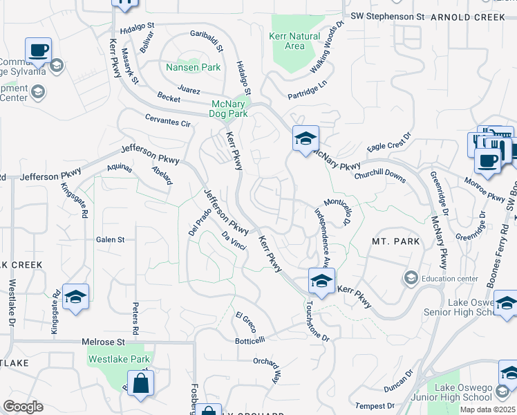 map of restaurants, bars, coffee shops, grocery stores, and more near 1 Jefferson Parkway in Lake Oswego