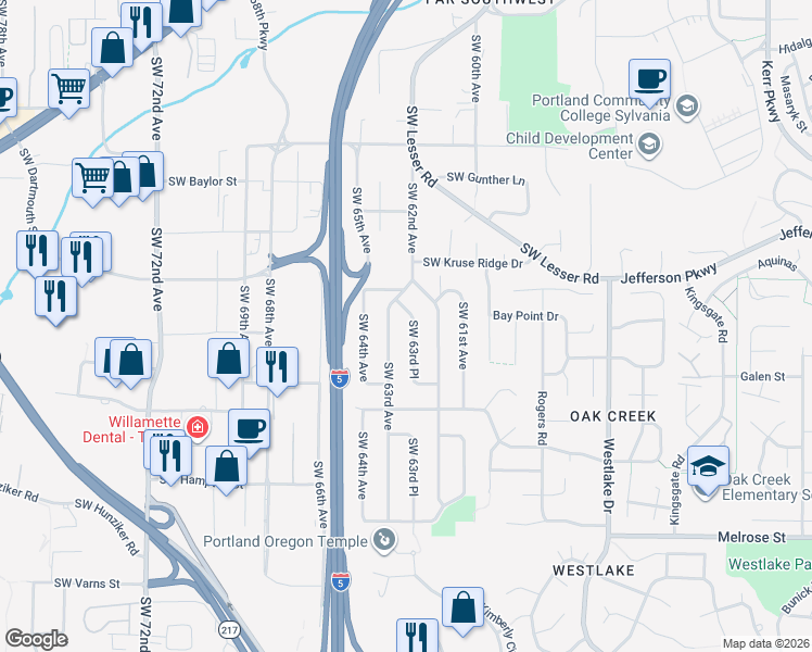 map of restaurants, bars, coffee shops, grocery stores, and more near 12950 Southwest 63rd Avenue in Portland