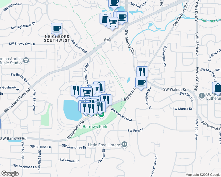 map of restaurants, bars, coffee shops, grocery stores, and more near 14620 Southwest Sandhill Loop in Beaverton