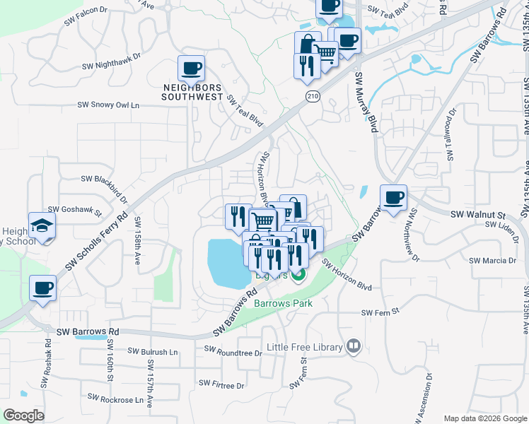 map of restaurants, bars, coffee shops, grocery stores, and more near 15060 Southwest Mallard Drive in Beaverton