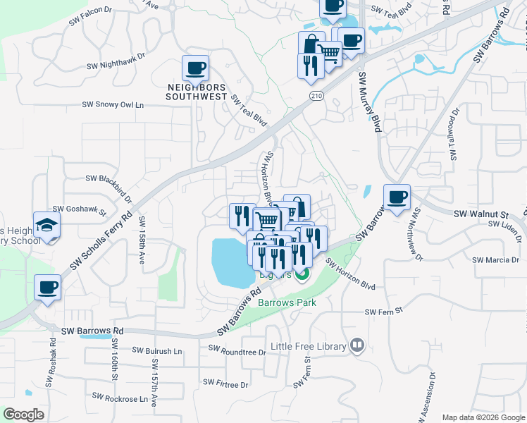 map of restaurants, bars, coffee shops, grocery stores, and more near 15060 Southwest Mallard Drive in Beaverton