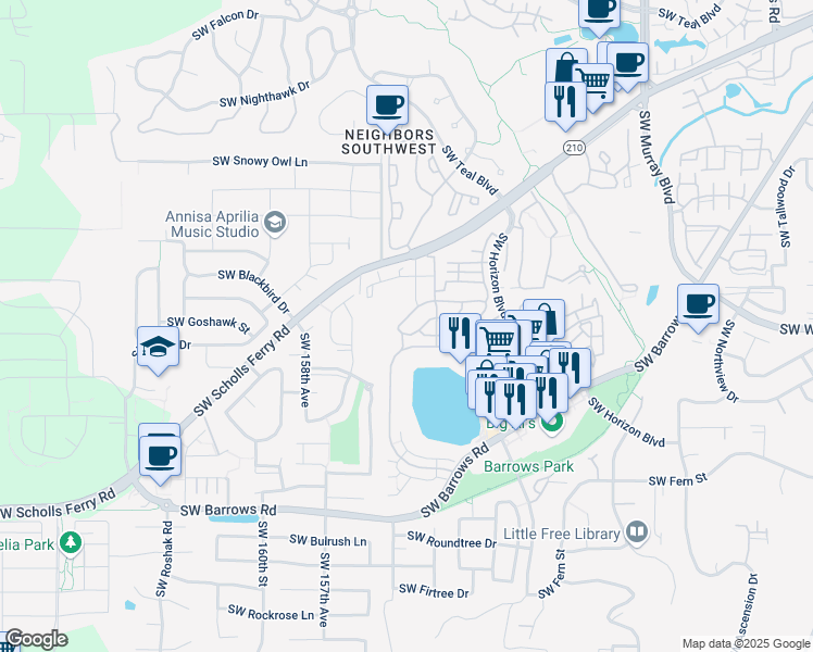 map of restaurants, bars, coffee shops, grocery stores, and more near 15405 Southwest Sparrow Loop in Beaverton