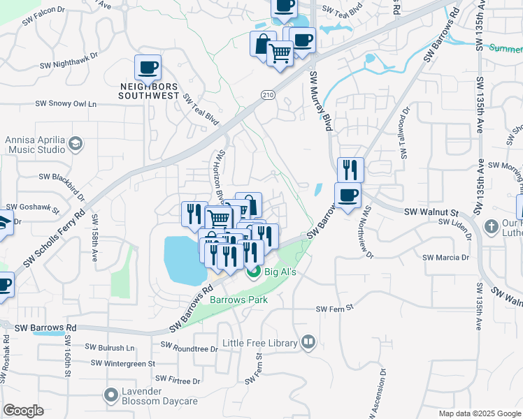 map of restaurants, bars, coffee shops, grocery stores, and more near 14620 Southwest Sandhill Loop in Beaverton