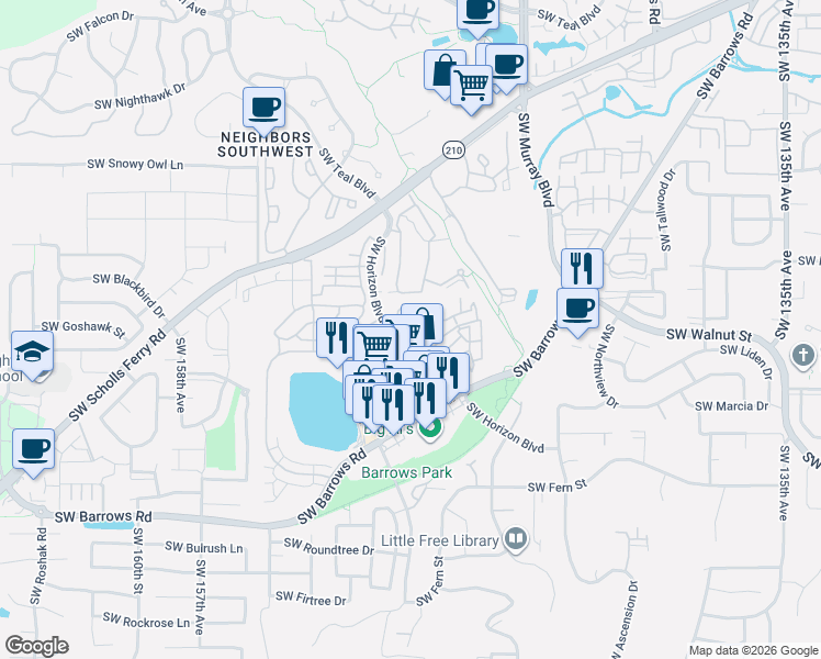 map of restaurants, bars, coffee shops, grocery stores, and more near 14800 Southwest Sandhill Loop in Beaverton