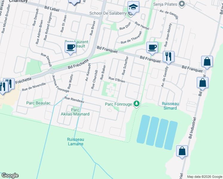 map of restaurants, bars, coffee shops, grocery stores, and more near Terrasse Scheffer in Chambly