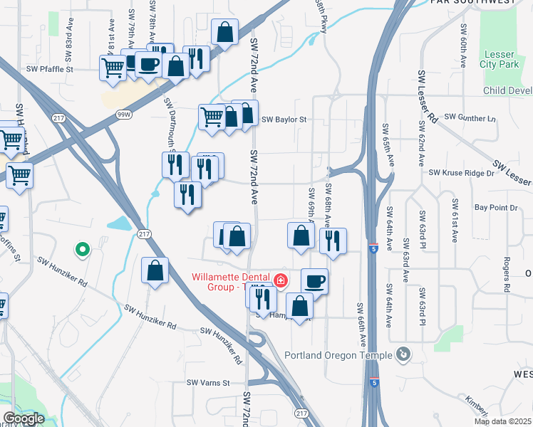 map of restaurants, bars, coffee shops, grocery stores, and more near 7155 Southwest Elmhurst Street in Tigard
