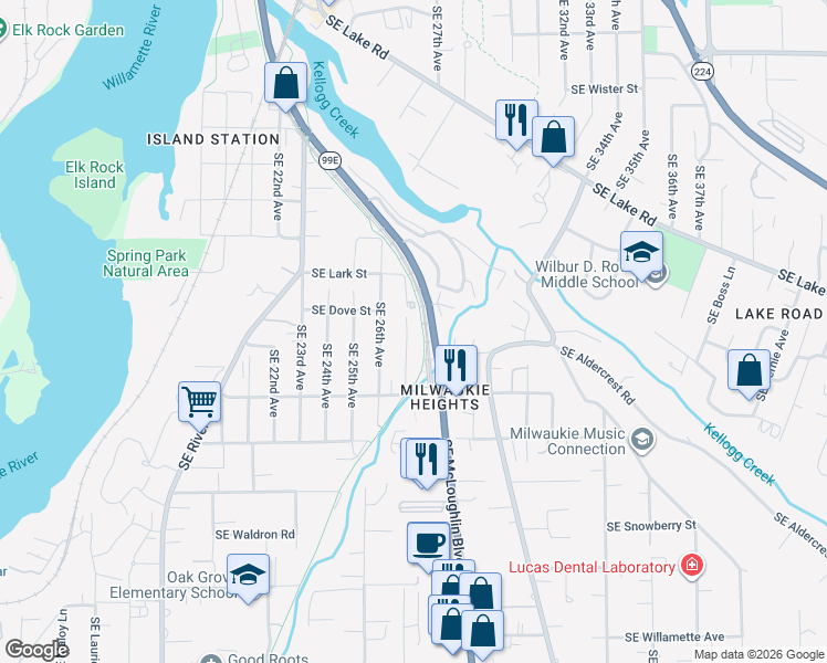 map of restaurants, bars, coffee shops, grocery stores, and more near 12576 Southeast 27th Avenue in Milwaukie