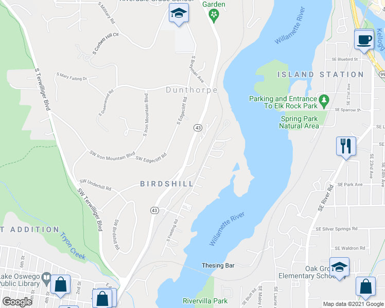 map of restaurants, bars, coffee shops, grocery stores, and more near 12975 Elk Rock Road in Lake Oswego