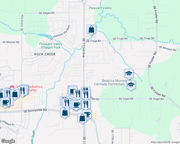 map of restaurants, bars, coffee shops, grocery stores, and more near 17322 Southeast Crossroads Avenue in Damascus