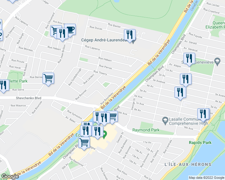 map of restaurants, bars, coffee shops, grocery stores, and more near 7673 Rue Bourdeau in Montréal