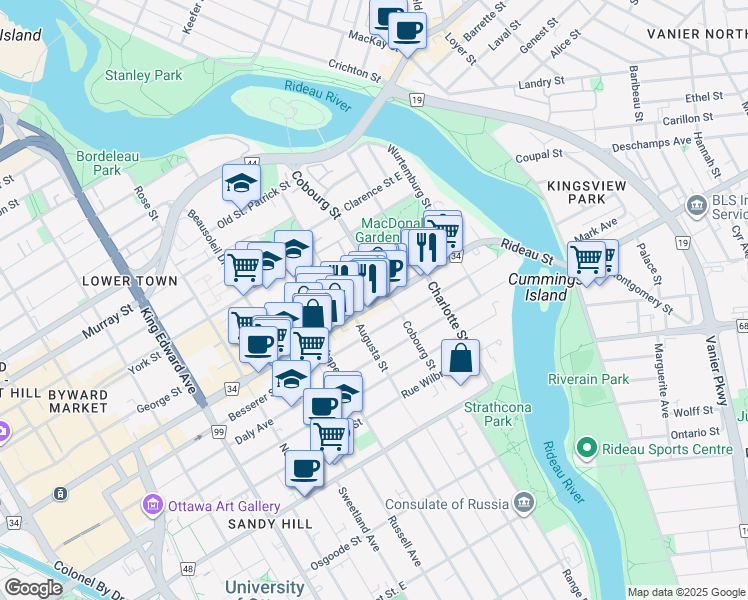map of restaurants, bars, coffee shops, grocery stores, and more near 511 Rideau Street in Ottawa