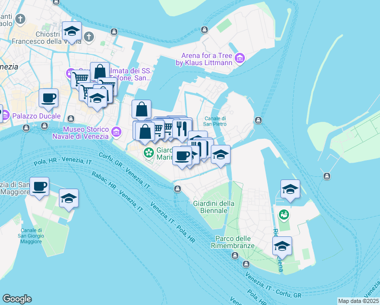 map of restaurants, bars, coffee shops, grocery stores, and more near Calle Ancore in Venice