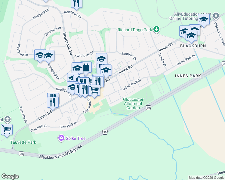 map of restaurants, bars, coffee shops, grocery stores, and more near 2208 Orient Park Drive in Ottawa