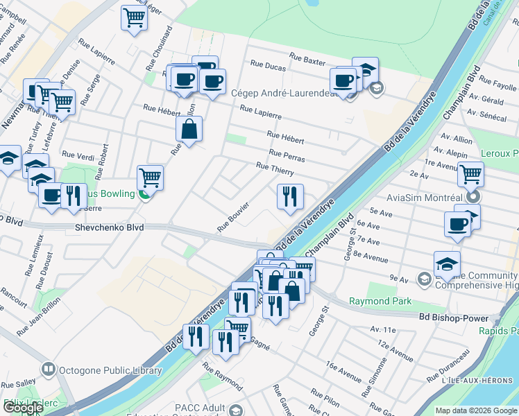 map of restaurants, bars, coffee shops, grocery stores, and more near 1063 Rue Jacqueline-Sicotte in Montreal