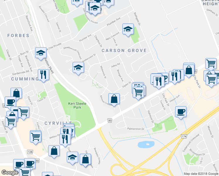 map of restaurants, bars, coffee shops, grocery stores, and more near 1227 Whiterock Street in Ottawa