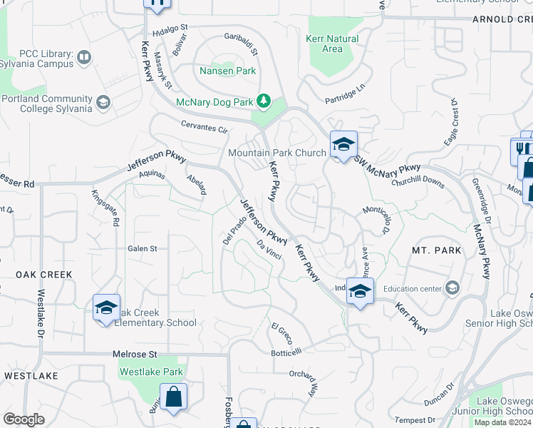 map of restaurants, bars, coffee shops, grocery stores, and more near 4067 Jefferson Parkway in Lake Oswego