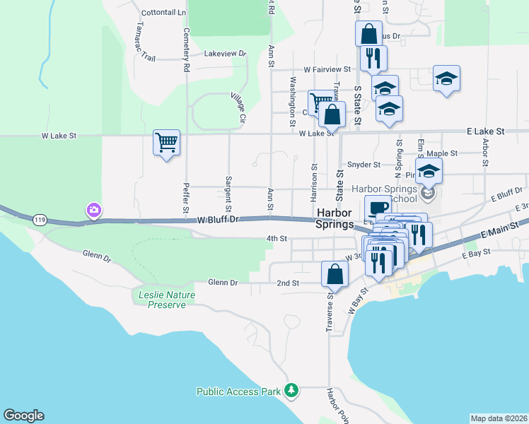 map of restaurants, bars, coffee shops, grocery stores, and more near 400 West Bluff Drive in Harbor Springs