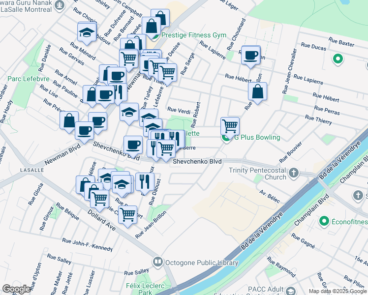 map of restaurants, bars, coffee shops, grocery stores, and more near Rue Serre in Montréal