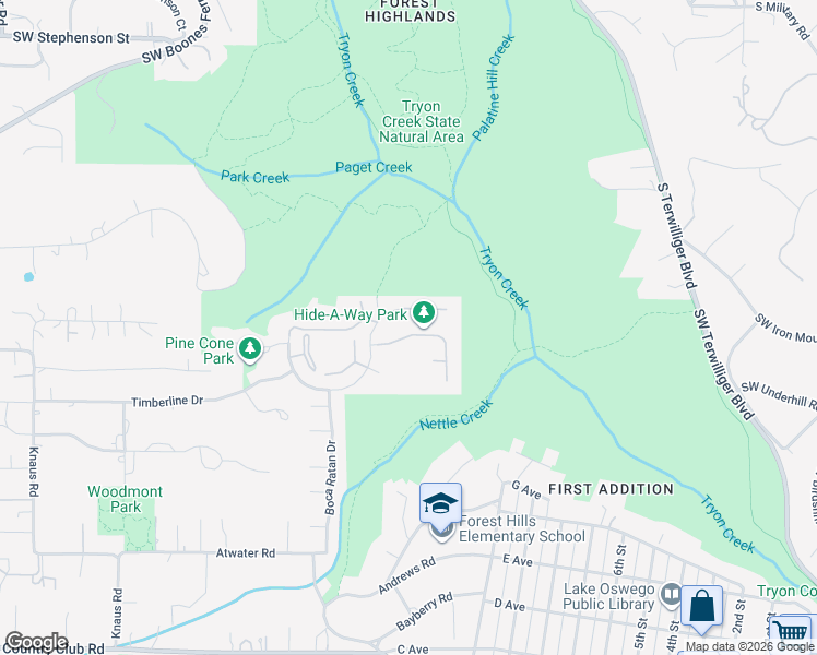 map of restaurants, bars, coffee shops, grocery stores, and more near 1291 Hide A Way Lane in Lake Oswego