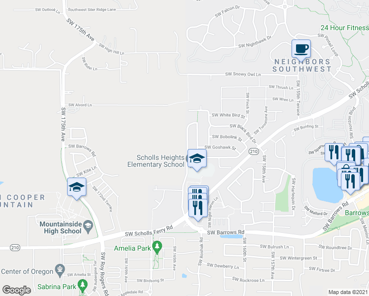 map of restaurants, bars, coffee shops, grocery stores, and more near 12185 Southwest Jaeger Terrace in Beaverton