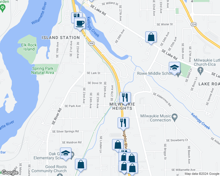 map of restaurants, bars, coffee shops, grocery stores, and more near 12573 Southeast 27th Avenue in Milwaukie