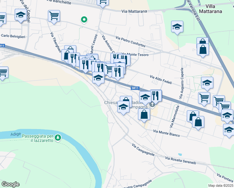 map of restaurants, bars, coffee shops, grocery stores, and more near 23 Via Caterino Davila in Verona