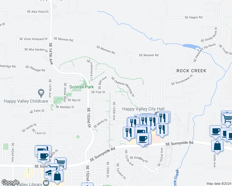 map of restaurants, bars, coffee shops, grocery stores, and more near 12606 Southeast 155th Avenue in Happy Valley