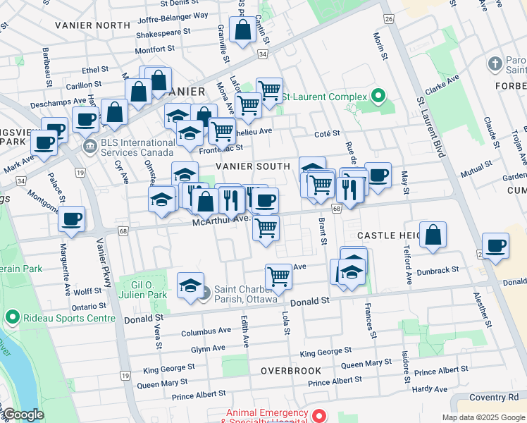 map of restaurants, bars, coffee shops, grocery stores, and more near 331 McArthur Avenue in Ottawa