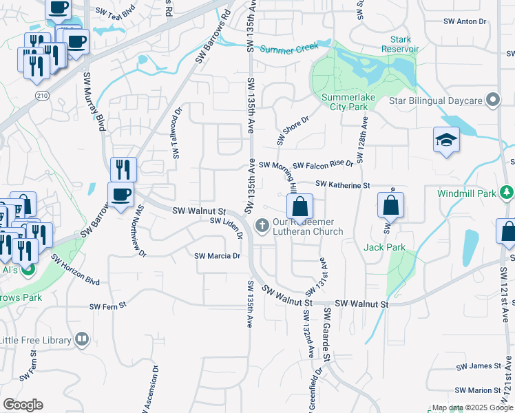 map of restaurants, bars, coffee shops, grocery stores, and more near 13444 Southwest Scotts Bridge Drive in Tigard