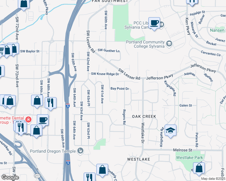 map of restaurants, bars, coffee shops, grocery stores, and more near 5936 Bay Point Drive in Lake Oswego