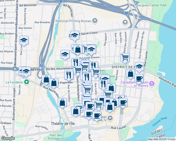 map of restaurants, bars, coffee shops, grocery stores, and more near 85 Rue Charlevoix in Gatineau